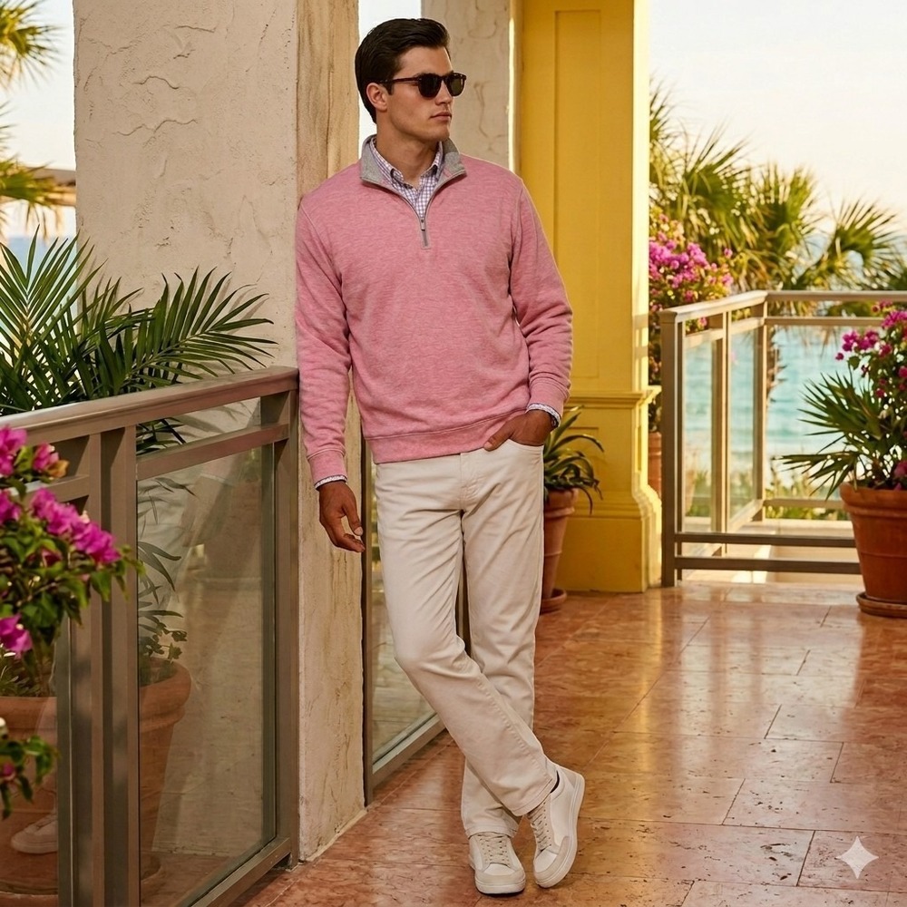 Johnnie-O Hanks Quarter Zip Pullover L‎ Coral Cotton Modal Golf Quiet Luxury